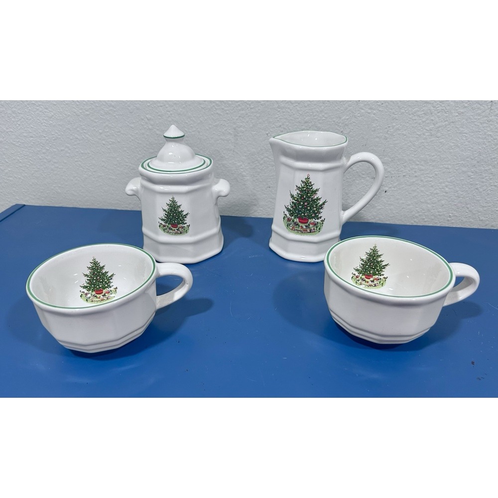 Pfaltzgraf 5 pc Christmas Heritage Coffee 2 cups Creamer pitcher Sugar Bow w/Lid